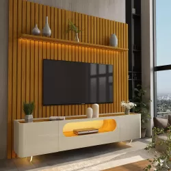 Painel Gelius Nobre e Rack nobre com LED para TV de ate 85 polegadas pês de vidro  com 230 cm de Largura 100% MDF  Naturale OFF White