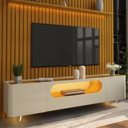 Painel Gelius Nobre e Rack nobre com LED para TV de ate 85 polegadas pês de vidro  com 230 cm de Largura 100% MDF  Naturale OFF White