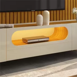 Painel Gelius Nobre e Rack nobre com LED para TV de ate 85 polegadas pês de vidro  com 230 cm de Largura 100% MDF  Naturale OFF White