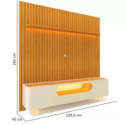 Painel Gelius Nobre e Rack nobre com LED para TV de ate 85 polegadas pês de vidro  com 230 cm de Largura 100% MDF  Naturale OFF White