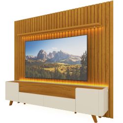 Painel Gelius Nobre e Rack Infinity com LED para TV de ate 85 polegadas pês de madeira Naturale OFF White