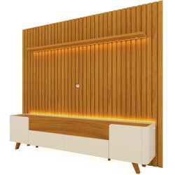 Painel Gelius Nobre e Rack Infinity com LED para TV de ate 85 polegadas pês de madeira Naturale OFF White