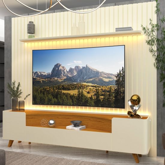 Painel Gelius Nobre e Rack Infinity com LED para TV de ate 85 polegadas pês de madeira OFF White Naturale