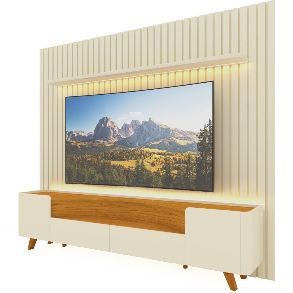 Painel Gelius Nobre e Rack Infinity com LED para TV de ate 85 polegadas pês de madeira OFF White Naturale