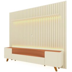 Painel Gelius Nobre e Rack Infinity com LED para TV de ate 85 polegadas pês de madeira OFF White Terracota