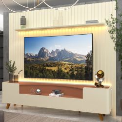 Painel Gelius Nobre e Rack Infinity com LED para TV de ate 85 polegadas pês de madeira OFF White Terracota
