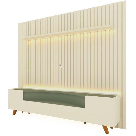 Painel Gelius Nobre e Rack Infinity com LED para TV de ate 85 polegadas pês de madeira OFF White Verde Floresta