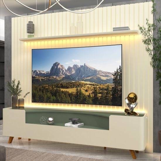 Painel Gelius Nobre e Rack Infinity com LED para TV de ate 85 polegadas pês de madeira OFF White Verde Floresta