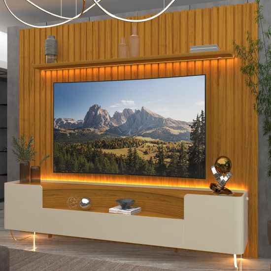Painel Gelius Nobre e Rack Infinity com LED para TV de ate 85 polegadas pês de vidro Naturale OFF White