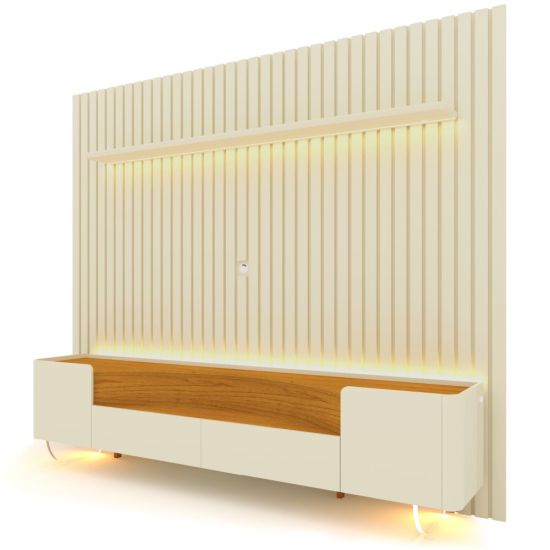 Painel Gelius Nobre e Rack Infinity com LED para TV de ate 85 polegadas pês de vidro OFF White Naturale