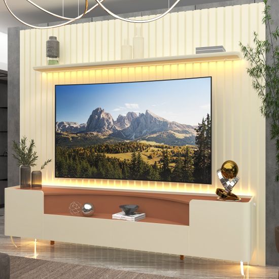 Painel Gelius Nobre e Rack Infinity com LED para TV de ate 85 polegadas pês de vidro OFF White TerraCota