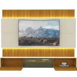 Painel Estante Home Suspenso Gelius Soberano Reflecta para TV de até 85polegadas com LED 260 cm de Largura  100% MDF  Naturale OFF White