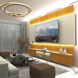 Painel Estante Home Suspenso Gelius Soberano Reflecta para TV de até 85polegadas com LED 260 cm de Largura  100% MDF  Naturale OFF White