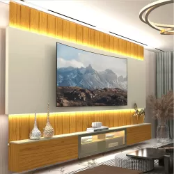 Painel Estante Home Suspenso Gelius Soberano Reflecta para TV de até 85polegadas com LED 260 cm de Largura  100% MDF  Naturale OFF White