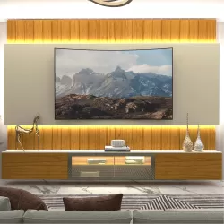 Painel Estante Home Suspenso Gelius Soberano Reflecta para TV de até 85polegadas com LED 260 cm de Largura  100% MDF  Naturale OFF White