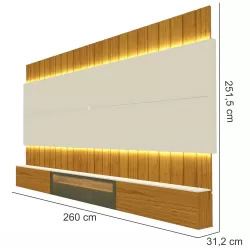 Painel Estante Home Suspenso Gelius Soberano Reflecta para TV de até 85polegadas com LED 260 cm de Largura  100% MDF  Naturale OFF White