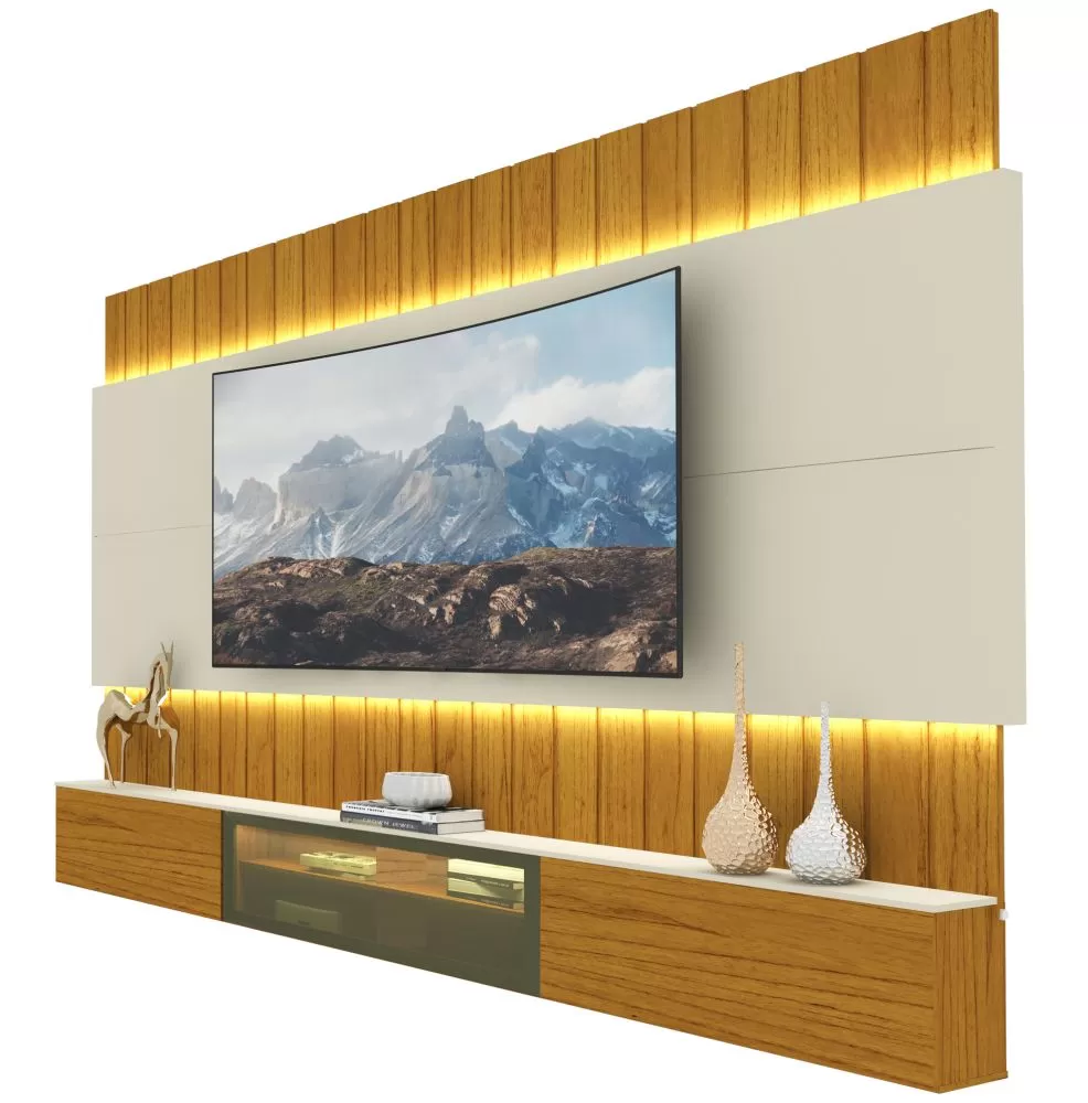 Painel Estante Home Suspenso Gelius Soberano Reflecta para TV de até 85polegadas com LED 260 cm de Largura  100% MDF  Naturale OFF White