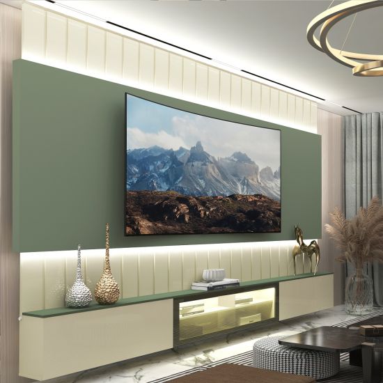 Painel Estante Home Suspenso Gelius Soberano Reflecta para TV de até 85 polegadas com LED OFF White Verde Floresta