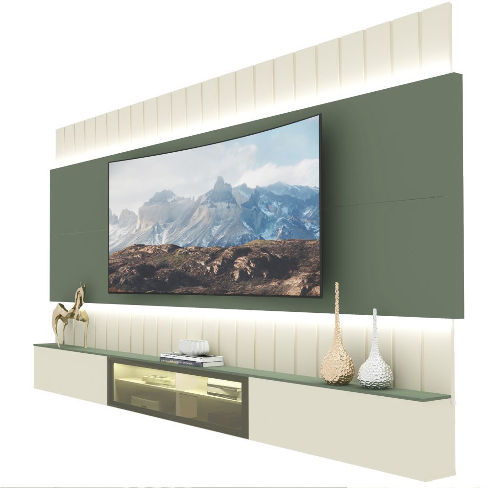 Painel Estante Home Suspenso Gelius Soberano Reflecta para TV de até 85 polegadas com LED OFF White Verde Floresta