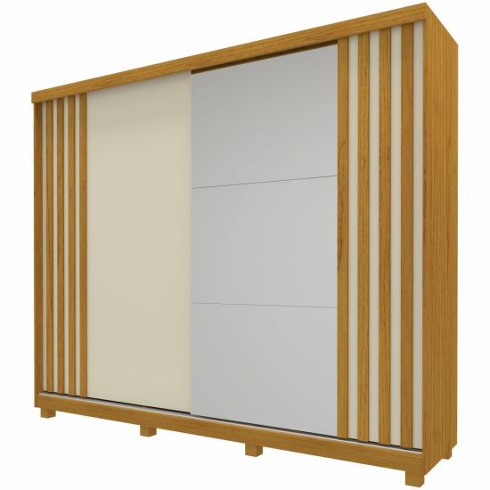 Guarda Roupa Casal Gelius Ares  100% MDF com 240 cm de Largura 2 portas de correr com espelho em 1 porta e pés Naturale OFF White