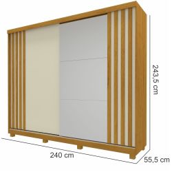 Guarda Roupa Casal Gelius Ares  100% MDF com 240 cm de Largura 2 portas de correr com espelho em 1 porta e pés Naturale OFF White