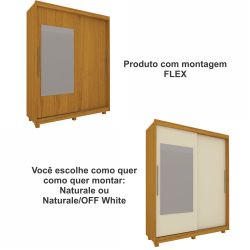 Guarda Roupa Roupeiro Solteiro Gelius Agata  100% MDF com 166 cm de Largura 02 portas de correr com espelho e pés Naturale/OFF White