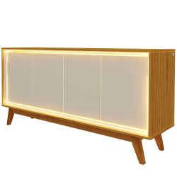 Buffet Balcão Aparador Gelius Requinte  100% MDF com LED pés de madeira maciça largura 1,6 metros naturale OFF White