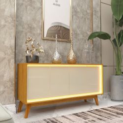 Buffet Balcão Aparador Gelius Requinte  100% MDF com LED pés de madeira maciça largura 1,6 metros naturale OFF White