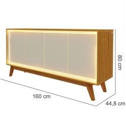 Buffet Balcão Aparador Gelius Requinte  100% MDF com LED pés de madeira maciça largura 1,6 metros naturale OFF White