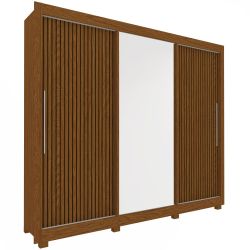 Guarda Roupas casal Gelius Royale  100% MDF  228,5 cm de Largura 3 portas de correr com impressão 3D com espelho e 04 gavetas Castanho