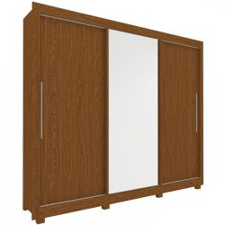 Guarda Roupas casal Gelius Royale  100% MDF  228,5 cm de Largura 3 portas de correr com impressão 3D com espelho e 04 gavetas Castanho