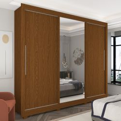 Guarda Roupas casal Gelius Royale  100% MDF  228,5 cm de Largura 3 portas de correr com impressão 3D com espelho e 04 gavetas Castanho