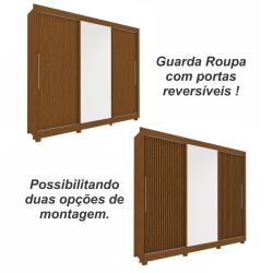 Guarda Roupas casal Gelius Royale  100% MDF  228,5 cm de Largura 3 portas de correr com impressão 3D com espelho e 04 gavetas Castanho