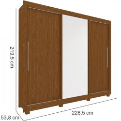 Guarda Roupas casal Gelius Royale  100% MDF  228,5 cm de Largura 3 portas de correr com impressão 3D com espelho e 04 gavetas Castanho