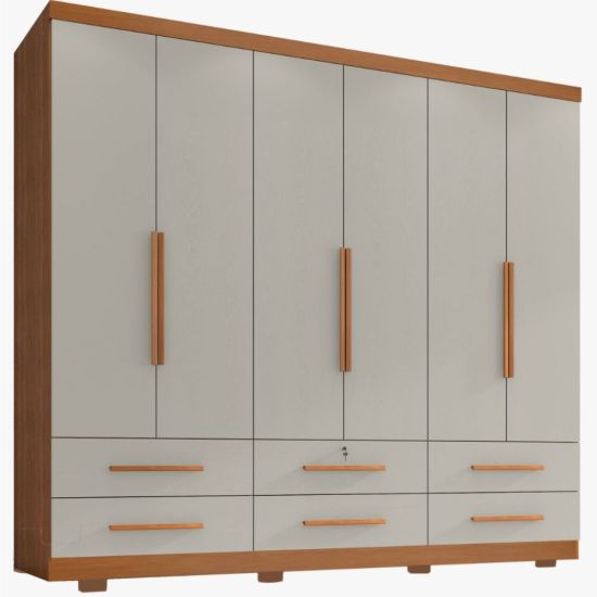 Guarda Roupa Casal Zanzini Maximus Plus com 230 cm de Largura 6 portas 6 gavetas com pés Cinamomo Areia