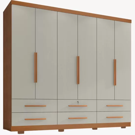 Guarda Roupa Casal Zanzini Maximus Plus com 230 cm de Largura 6 portas 6 gavetas com pés Cinamomo Areia