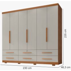 Guarda Roupa Casal Zanzini Maximus Plus com 230 cm de Largura 6 portas 6 gavetas com pés Cinamomo Areia