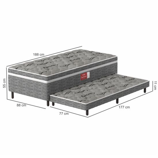 Cama box solteiro conjugada com auxiliar Probel Pelmex ortopédica D28 Active altura de 55 cm cinza