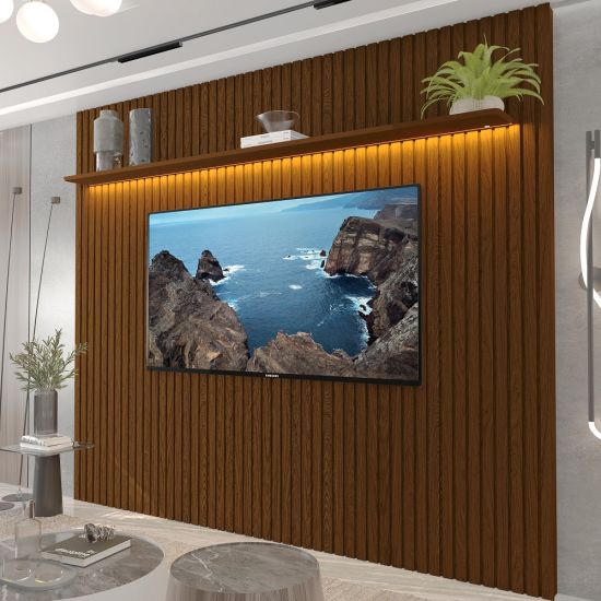 Painel Gelius Nobre ripas autênticas largura 100% MDF de 2,30 metros com LED para TV de ate 85 polegadas Castanho