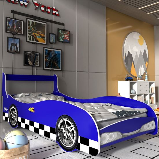 Cama Solteiro Infantil com proteção lateral Menino carro de rally Azul