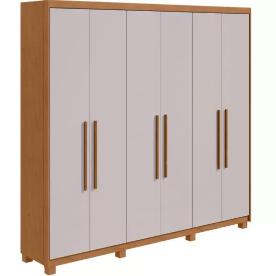 Guarda Roupas Roupeiro de Casal Lopas Aires com 244 cm de Largura 6 portas 5 gavetas com pés Amêndoa Clean OFF White
