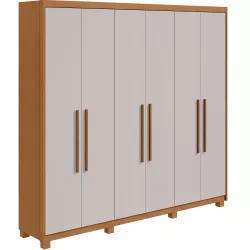 Guarda Roupas Roupeiro de Casal Lopas Aires com 244 cm de Largura 6 portas 5 gavetas com pés Amêndoa Clean OFF White