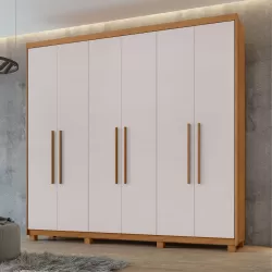 Guarda Roupas Roupeiro de Casal Lopas Aires com 244 cm de Largura 6 portas 5 gavetas com pés Amêndoa Clean OFF White