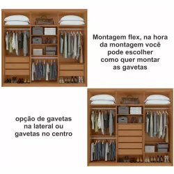 Guarda Roupas Roupeiro de Casal Lopas Aires com 244 cm de Largura 6 portas 5 gavetas com pés Amêndoa Clean OFF White