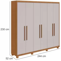 Guarda Roupas Roupeiro de Casal Lopas Aires com 244 cm de Largura 6 portas 5 gavetas com pés Amêndoa Clean OFF White