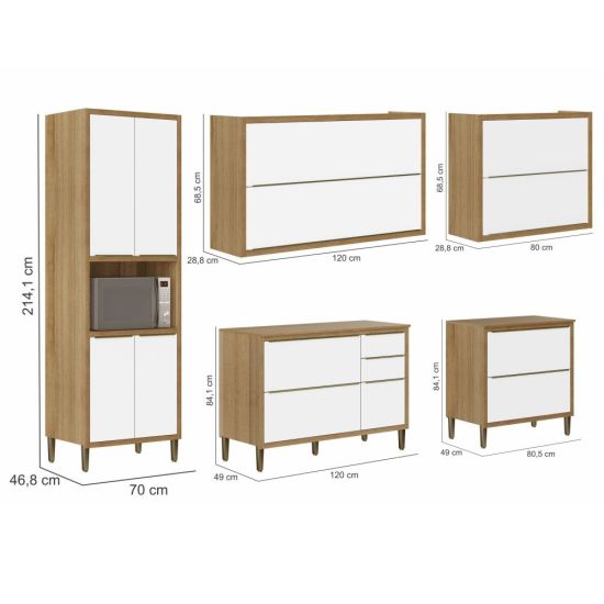 Cozinha Completa Modulada 5 peças Aramóveis Paola 13 portas 02 gavetas Carvalho Branco