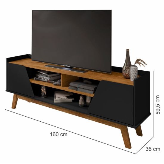 Rack Bechara Turim 2 portas largura de 1,60 metro para TV de ate 65 polegadas pés de madeira Preto Fosco Naturalle