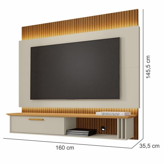 Painel Suspenso Bechara Paris com LED pintura 3D largura de 1,60 metro para TV de até 65 polegadas OFF White/Cinamomo