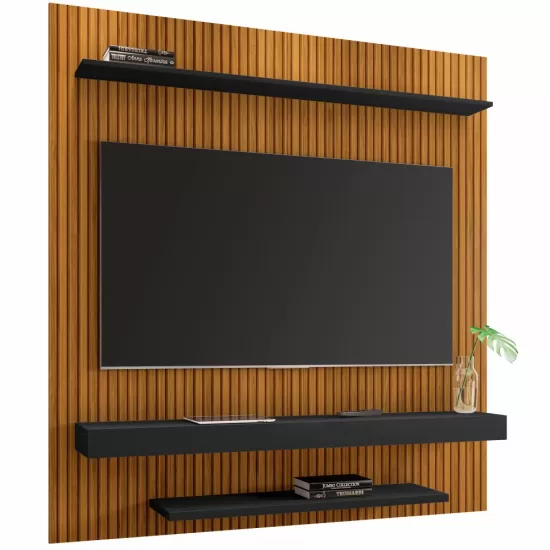 Painel Suspenso Bechara Leme com pintura 3D largura de 1,50 metro para TV de ate 60 polegadas Naturalle Preto Fosco