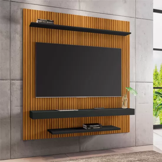 Painel Suspenso Bechara Leme com pintura 3D largura de 1,50 metro para TV de ate 60 polegadas Naturalle Preto Fosco